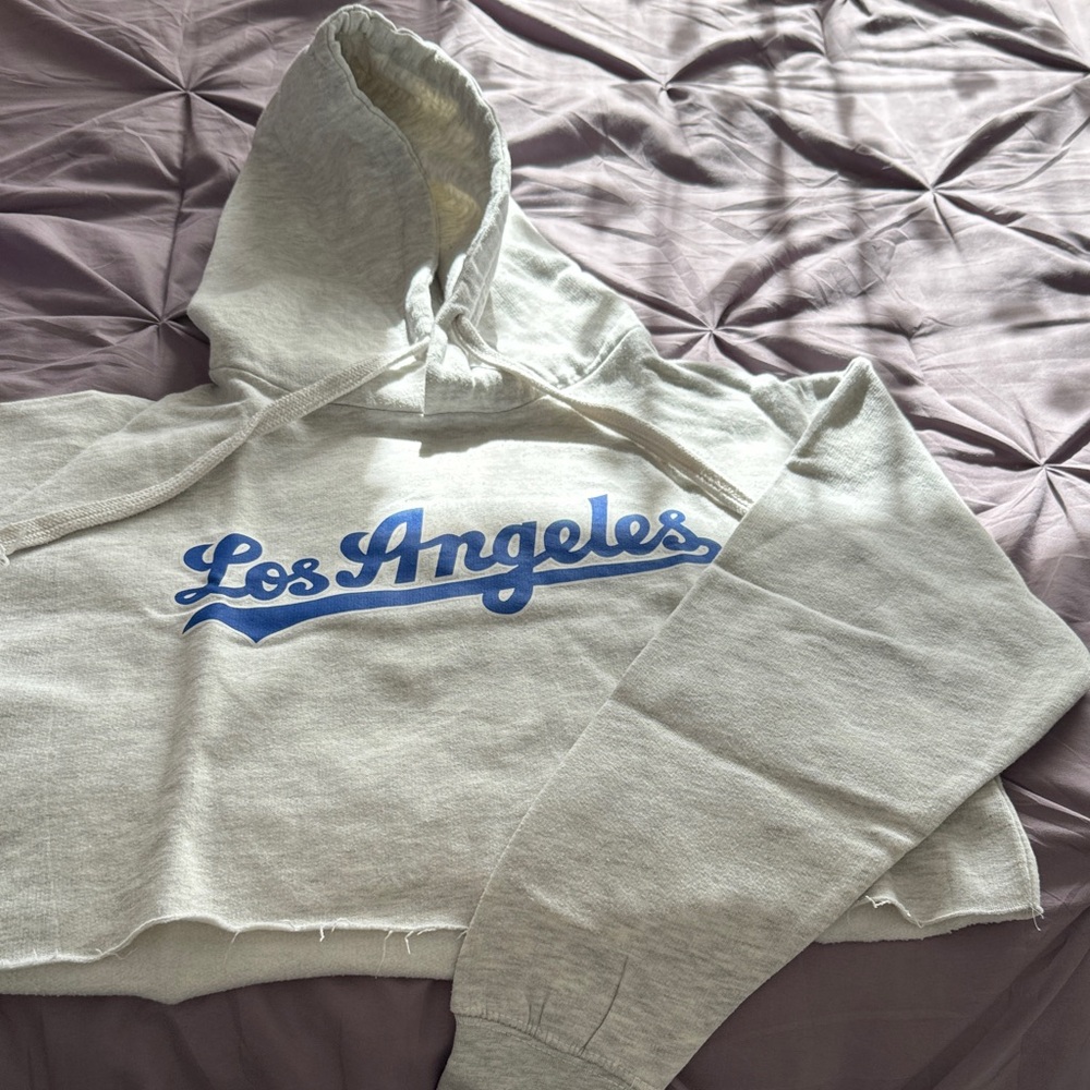 Gray Cropped Hoodie with Blue Los Angeles Print